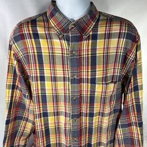 LANDS ENDS BUTTON DOWN LONG SLEEVE SHIRT MENS LARGE TALL YELLOW PLAID RED RIPPED